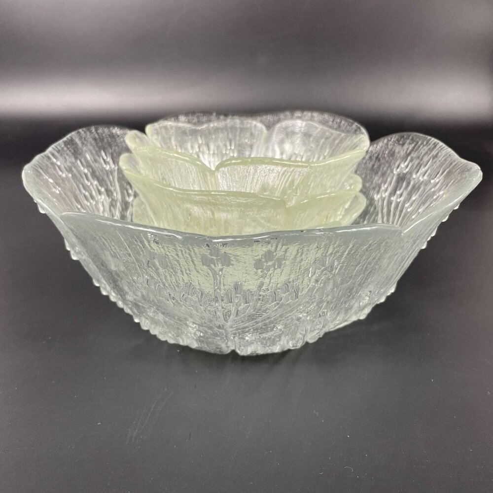 Lasisepat Mantsala Finland Cow Parsley Glass Serving Bowl & 3 Matching Dishes Se